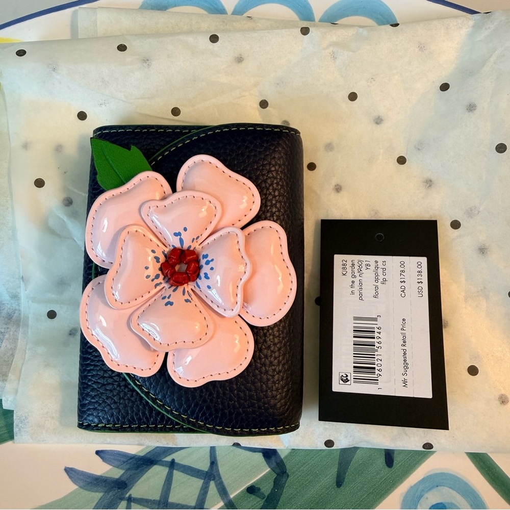 NWT Kate Spade Pink Floral Flower Applique Flap Card Case Small Wallet